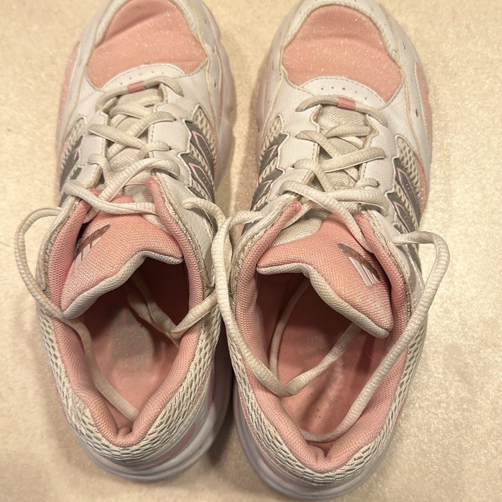 Adidas pink and white running shoes